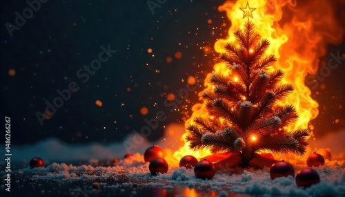 Flames engulf a decorated Christmas tree, sparking embers flying, a chaotic scene of holiday disaster The tree is ablaze, ornaments scattered around the base , holiday fire, destruction