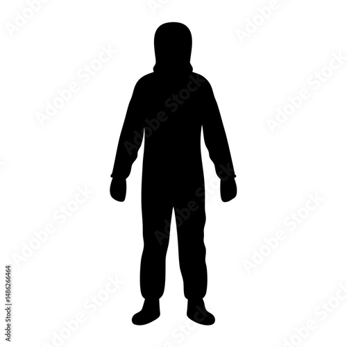 Silhouette of a person in a protective suit, likely for hazardous material handling
