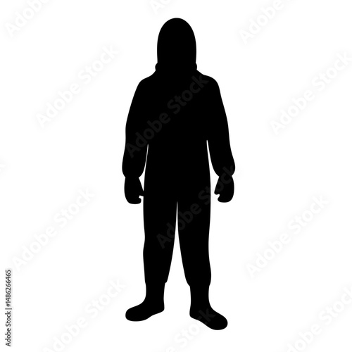 Silhouette of a person in a protective suit, likely for hazardous material handling