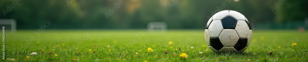Obraz premium Close-up shot of a classic black and white soccer ball resting on a worn, textured football field, conveying passion and the spirit of the game , classic, stadium