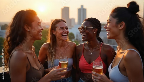 Group of diverse young adults laughing together at a rooftop party, enjoying drinks and city views , inclusion, urban, cocktails