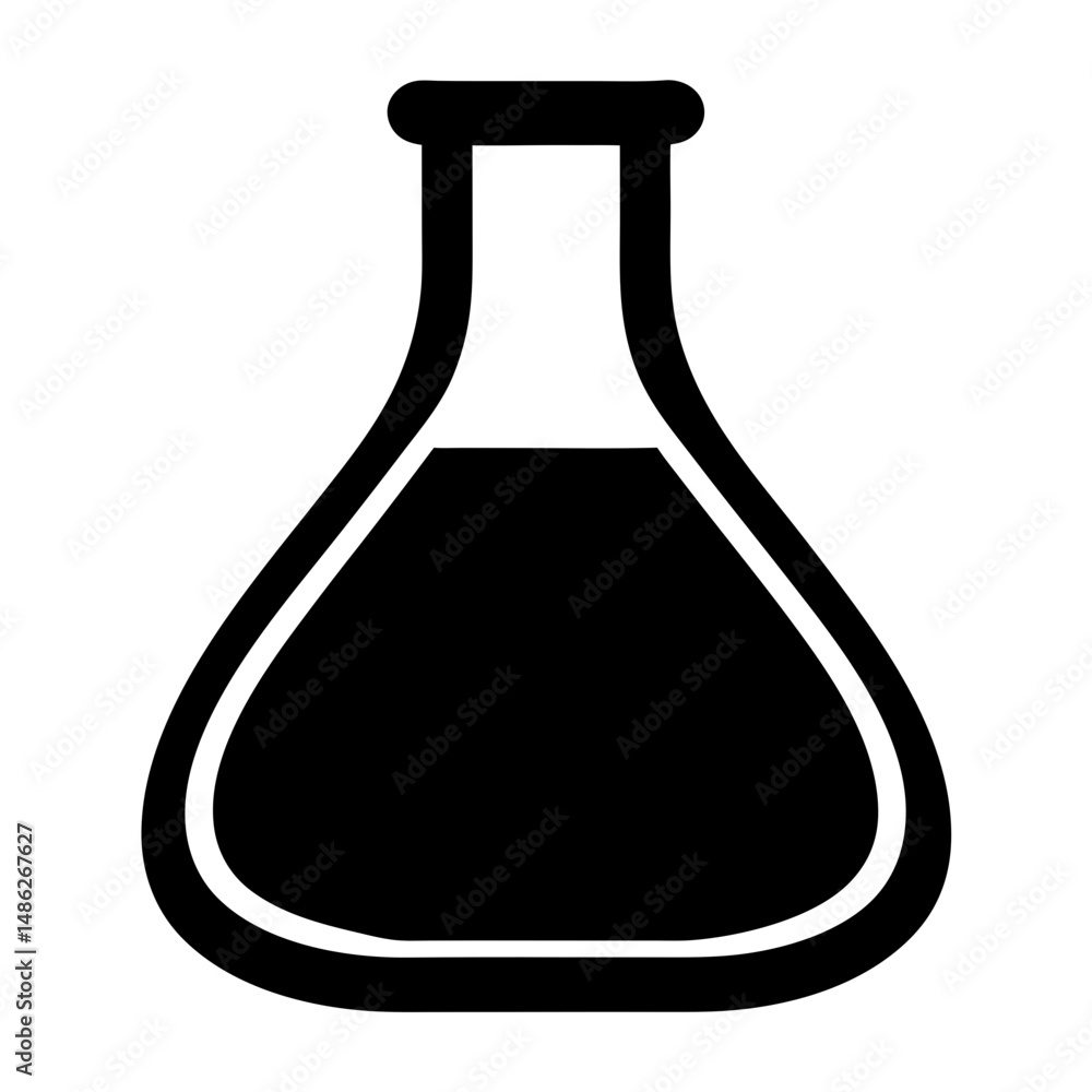Black and white silhouette of a laboratory flask with liquid inside Black and white silhouette of a laboratory flask with liquid inside