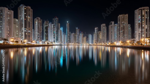 Wallpaper Mural Illuminated skyscrapers create a stunning skyline against a deep night sky, with reflections shimmering on the water and distant hills enhancing the cityscape's beauty Torontodigital.ca