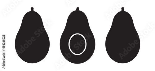 Black avocado icon with cut and whole versions, minimalist vector style symbolizing health, natural food, and freshness