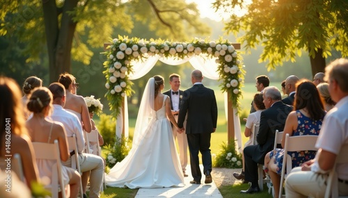 Joyful daytime wedding ceremony outdoors, floral arrangements, bright sunlight, elegant decor , marriage, pastel