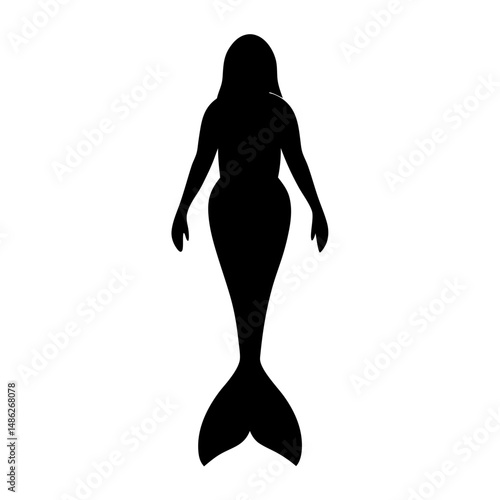 Black silhouette of a mysterious alluring mermaid on a bright white background