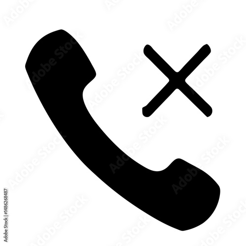 Black Silhouette of Phone Receiver with Cancel Icon, Solid black silhouette of a phone handset with an "X" symbol, representing a missed call, declined call, or call rejection.
