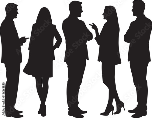 Vector silhouettes of men and women, depicting a group of standing business professionals in various poses, shown in black on a white background

