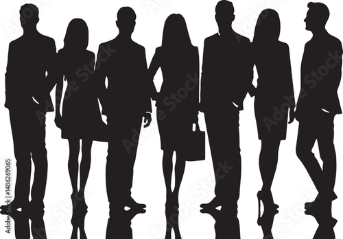 Vector silhouettes of men and women, depicting a group of standing business professionals in various poses, shown in black on a white background
