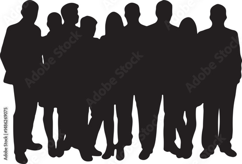 Vector silhouettes of men and women, depicting a group of standing business professionals in various poses, shown in black on a white background
