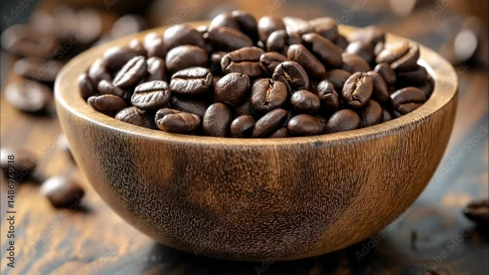 Close-up of roasted coffee beans in a textured wooden bowl placed on a dark rustic surface with scattered beans in the background. Close-up of roasted coffee beans in a textured wooden bowl placed on a dark rustic surface with scattered beans in the background.