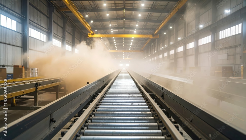 Fototapeta premium Vast Cargo Warehouse with Conveyor Belts and Swirling Dust Clouds