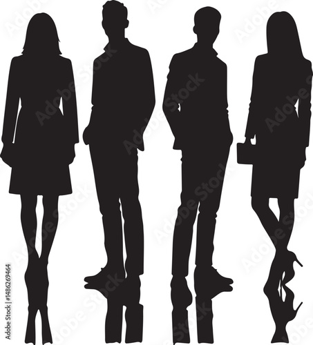 Vector silhouettes of men and women, depicting a group of standing business professionals in various poses, shown in black on a white background
