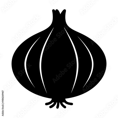 A minimalist black and white illustration of an onion with detail