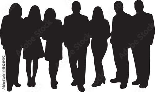 Vector silhouettes of men and women, depicting a group of standing business professionals in various poses, shown in black on a white background

