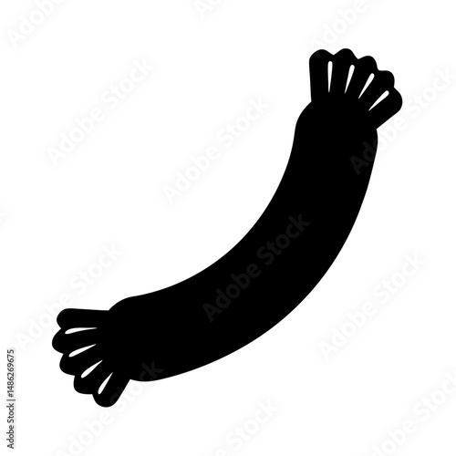 Black silhouette of a curved salami sausage with sliced ends and white background