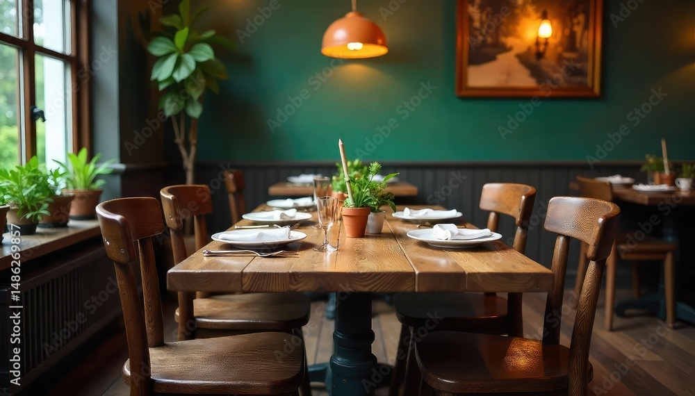 Rustic wooden diner table with chairs, set for a meal , kitchen, diner, textured Rustic wooden diner table with chairs, set for a meal , kitchen, diner, textured