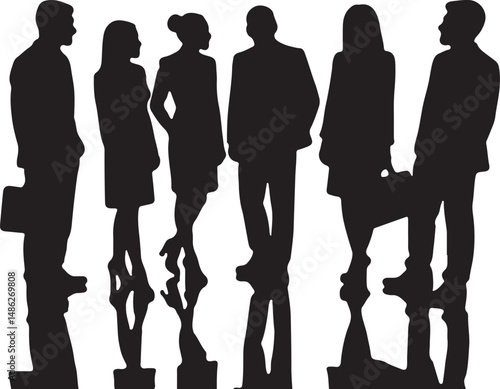 Vector silhouettes of men and women, depicting a group of standing business professionals in various poses, shown in black on a white background
