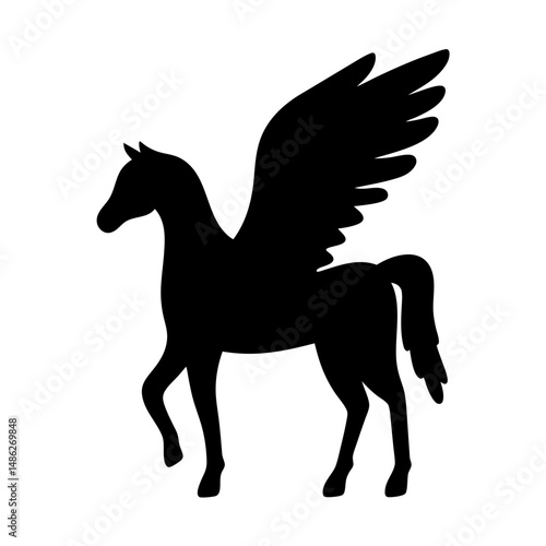 Elegant black silhouette illustration of a majestic winged horse or Pegasus