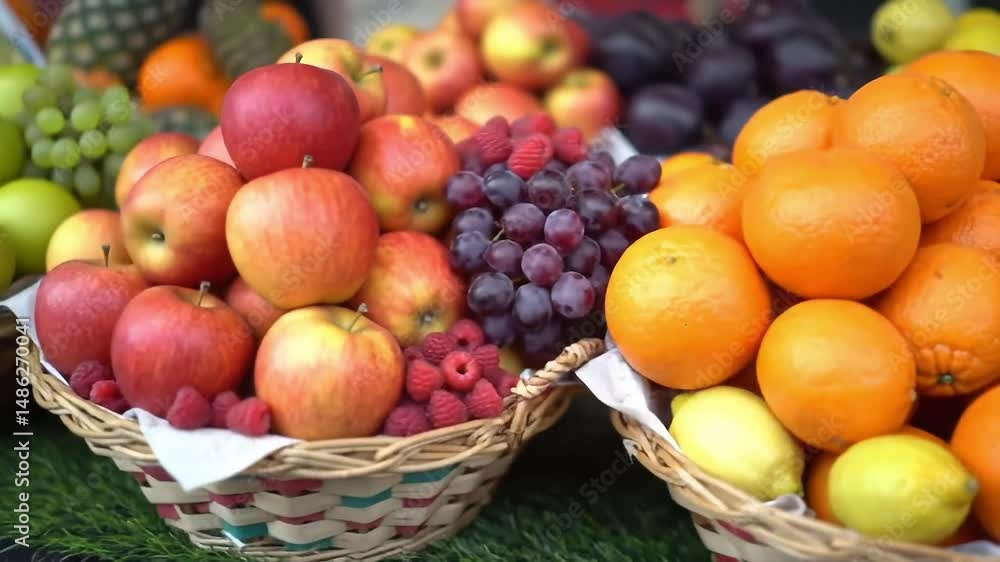Vibrant fruit display featuring oranges grapes lemons and raspberries in wicker baskets view Vibrant fruit display featuring oranges grapes lemons and raspberries in wicker baskets view