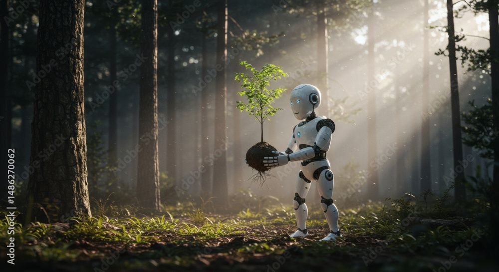 Fototapeta premium An artificial intelligence robot tenderly holding a young tree in a serene, sunlit forest setting.