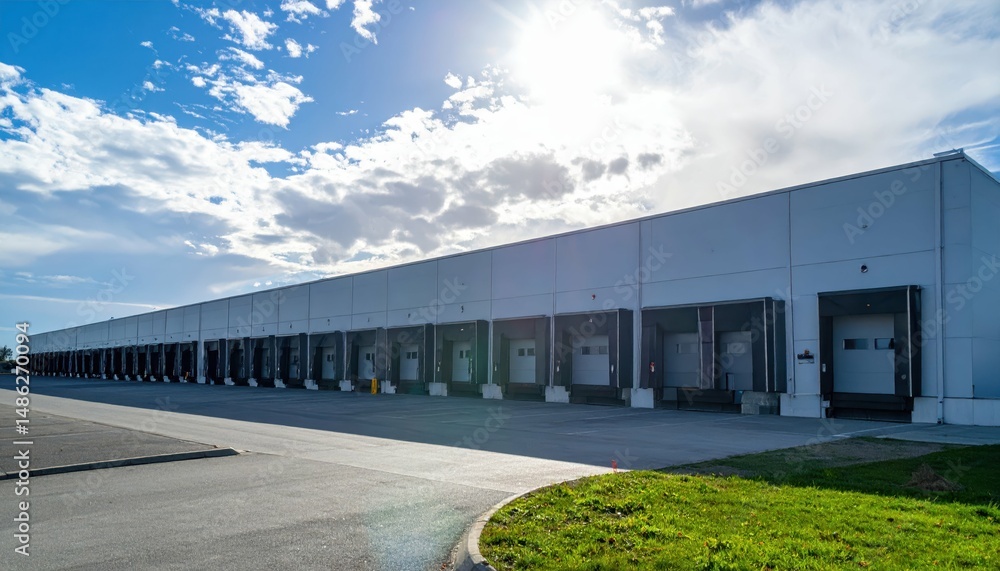 Obraz premium Vast Cold Storage Facility with Loading Docks and Dramatic Shadows