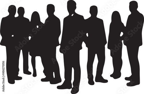 Vector silhouettes of men and women, depicting a group of standing business professionals in various poses, shown in black on a white background

