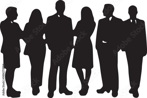 Vector silhouettes of men and women, depicting a group of standing business professionals in various poses, shown in black on a white background

