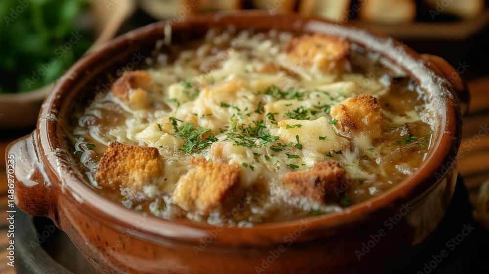 Savory baked onion soup topped with golden croutons, melted cheese, and herbs served in a rustic brown ceramic bowl. Savory baked onion soup topped with golden croutons, melted cheese, and herbs served in a rustic brown ceramic bowl.