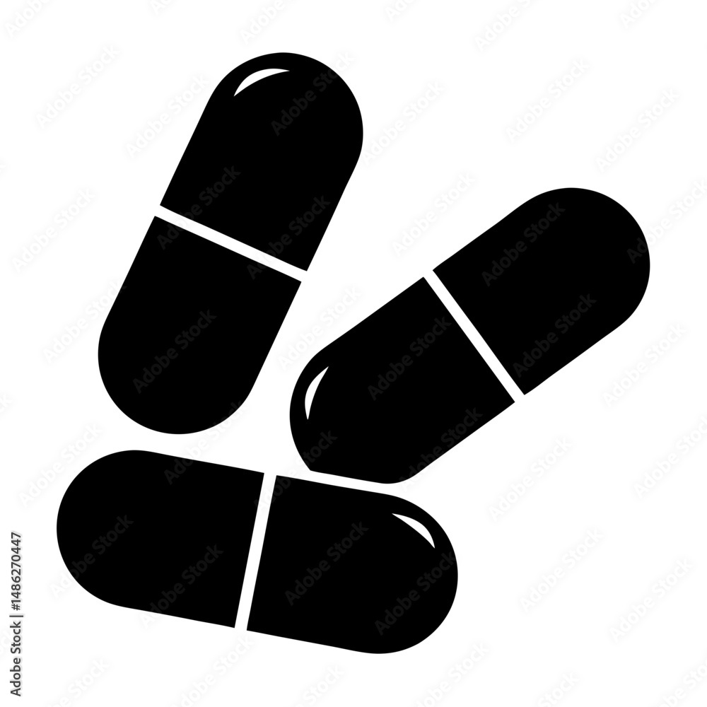 Black and white image showing three capsule pills on a white background Black and white image showing three capsule pills on a white background