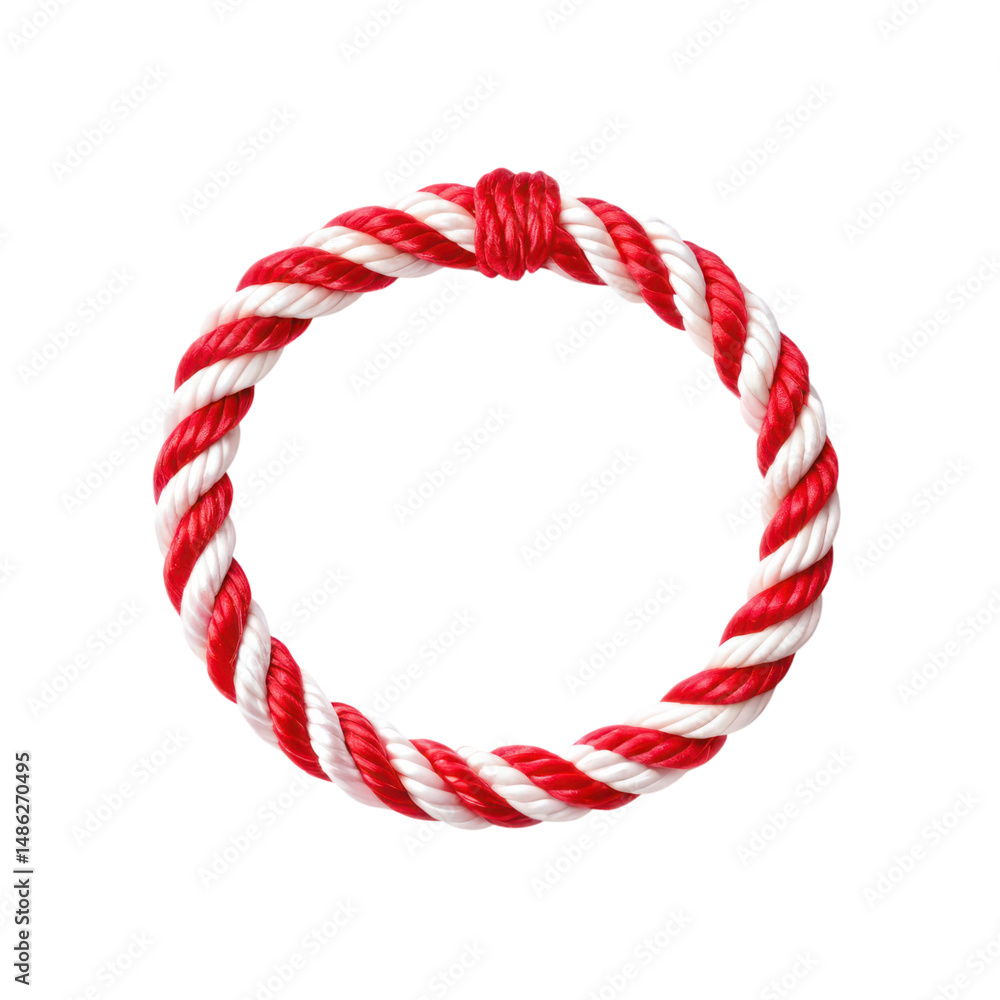 Fototapeta premium Circular rope made of twisted red and white fibers, ideal for various uses. This sturdy item can be utilized crafts