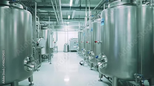 Stainless steel tanks and pipes in a modern industrial factory setting indoors view