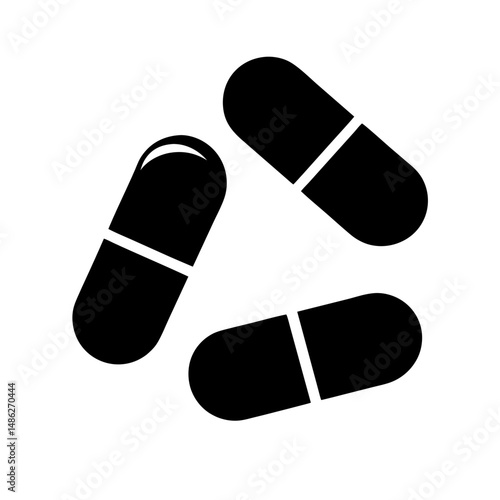 Three black capsule pills illustrating medication, health, and pharmaceutical industries design