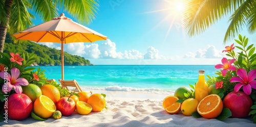 Vibrant summer scene with colorful flowers, juicy fruits, and bright beach umbrellas against a sunny sky Perfect for summer themes, travel, and vacation promotions , sky, summertime, sunshine