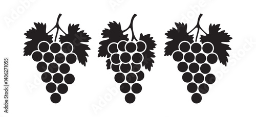 Black grape cluster silhouette with leaves in a minimalist vector style, simple design representing freshness and natural food