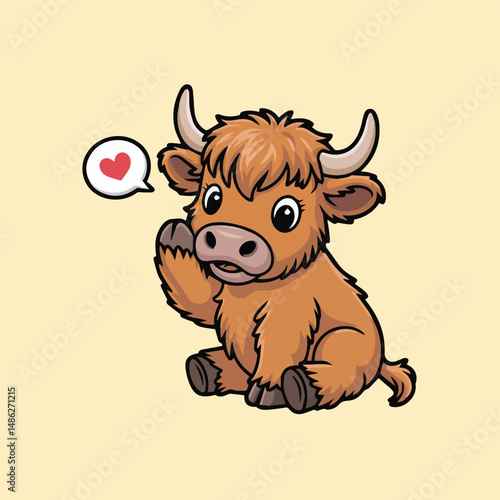 Cute baby Highland cow with fluffy brown fur, big eyes, and raised paw. Cartoon vector on cream background with heart speech bubble. Perfect for kids? prints and decor.