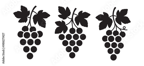 Black grape cluster silhouette with leaves in a minimalist vector style, simple design representing freshness and natural food