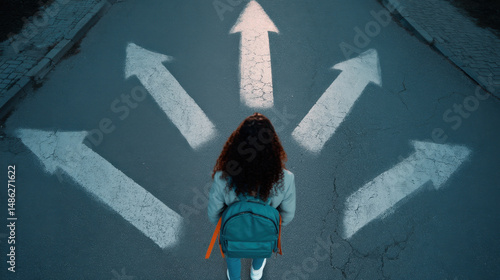 Mixed-race teenager at a crossroads, facing five paths after graduation under dramatic lighting and shadows