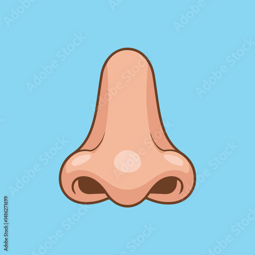 Minimalist cartoon-style human nose illustration with peach-pink color, brown outlines, soft shading, and glossy 3D look. Centered on a light blue background.
