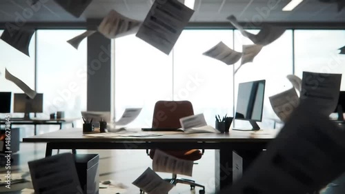 Papers falling in modern office with desks and computers near the window on a bright day