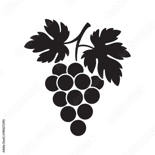 Black grape cluster silhouette with leaves in a minimalist vector style, simple design representing freshness and natural food
