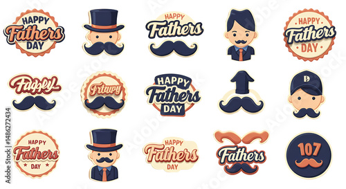 Happy Fathers Day Stickers with Mustache and Hats Celebration