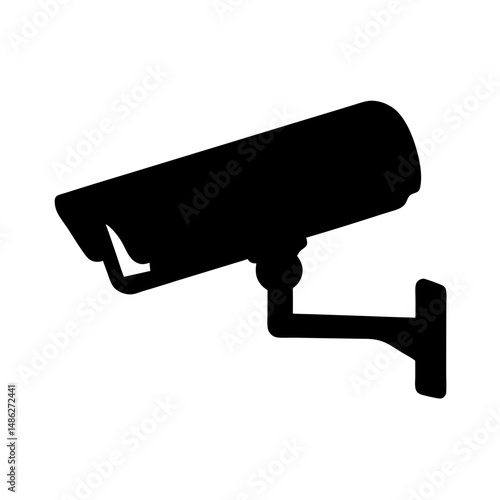 Black surveillance camera icon on white background, security and safety device
