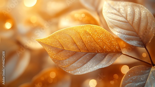 Elegant golden shimmer blue leaves pattern high resolution image