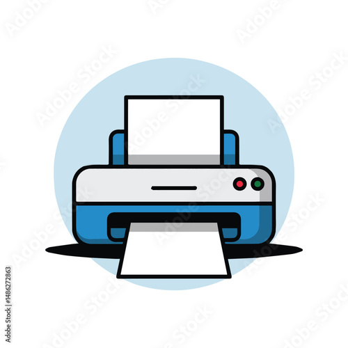 Minimalist flat design illustration of a white and blue printer with paper, buttons, and shadow, centered on a light blue circular background. Clean, modern vector graphic.