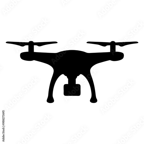 Silhouette image of a drone with camera hanging, isolated on white background