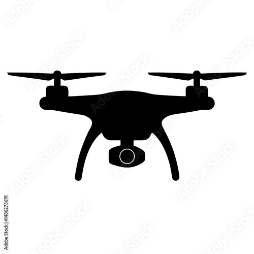 Silhouette image of a drone with camera hanging, isolated on white background