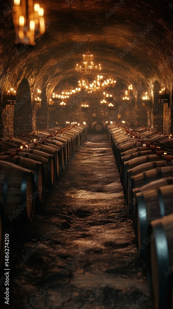 Fototapeta premium Aged wine cellar, dark and elegant