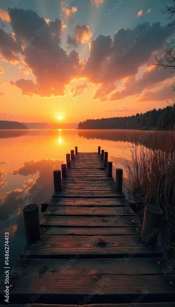 Obraz premium Rustic wooden hunting dock extending over calm lake water at sunrise, perfect for waterfowl hunting Ideal for outdoor, nature, and hunting-related projects , wooden planks, birds