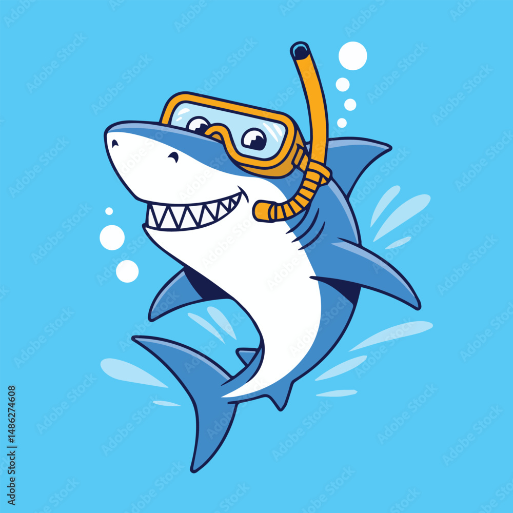 Fototapeta premium Happy cartoon shark with white body and blue fins wearing yellow diving goggles and snorkel. Smiling with sharp teeth, surrounded by bubbles on a solid light blue background.